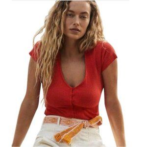 Anthropologie Mika Ribbed Top Red Rouge Buttons Deep V-Neck like NEW!
